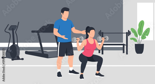 People working out with trainer in modern gym interior with equipment and plants