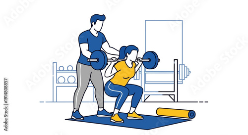 A man assists a woman lifting weights on a mat in a gym
