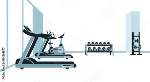 A person exercises on a treadmill and stationary bike in a gym with weights nearby.