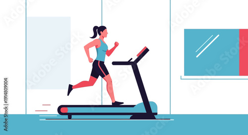 Woman running on treadmill in gym with exercise equipment and wall