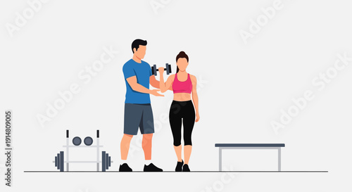 Man helping woman with dumbbell at gym indoor fitness center