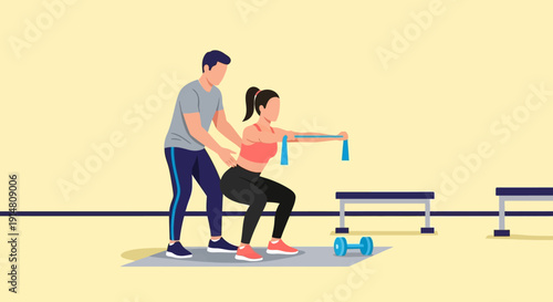 Fitness instructor guides woman exercising with dumbbells in gym indoor setting