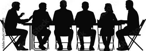 Business meeting silhouette, corporate team discussion at conference table, professional group conversation, office teamwork brainstorming concept illustration