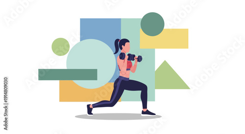 Woman performs athletic lunges with dumbbells in a colorful fitness environment indoors.
