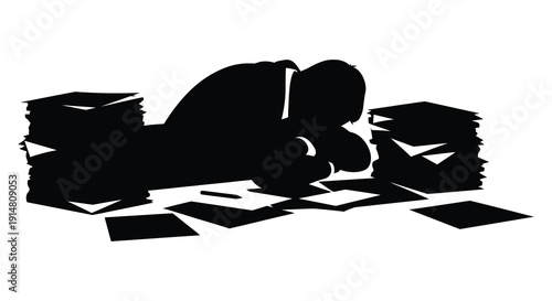 A black silhouette of a person working at a desk with papers useful for design on transparent background high quality professional