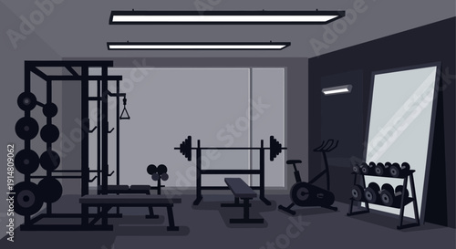 A modern gym interior with exercise equipment and a large mirror on the wall indoors