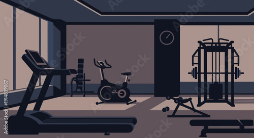 An indoor gym scene with various exercise equipment on display in the room interior