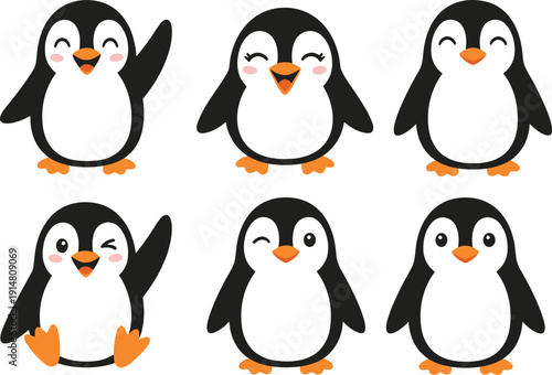 Set of cute cartoon penguin characters in various poses waving smiling and winking isolated on white background flat vector illustration