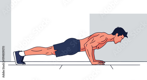 Man performs push-up exercise in indoor room with athletic build and dark hair