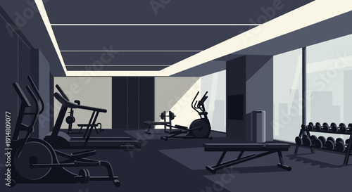 A modern gym interior with various exercise equipment and large windows showing city view