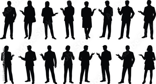 Business people silhouette collection, male female professional talking poses, full body corporate figures, teamwork communication, character outline illustration set
