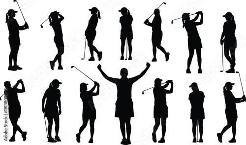 Set of black silhouettes featuring female golf players in various poses including swinging hitting balls and celebrating on the course isolated on white background