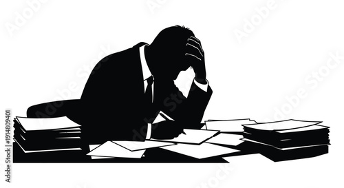 A distressed businessman sits with his head in hands surrounded by papers a striking silhouette on transparent background high quality professional