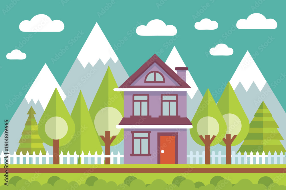 Fototapeta premium A charming purple house sits peacefully against a backdrop of snowy mountains