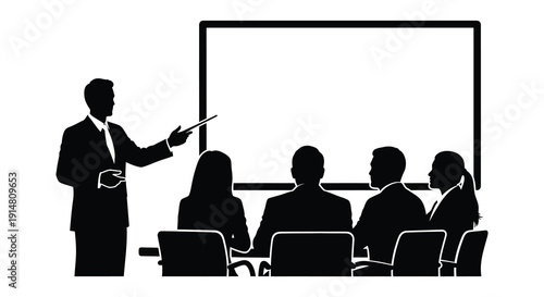 A black silhouette of a presenter giving a business meeting with an audience on transparent background high quality professional detailed modern