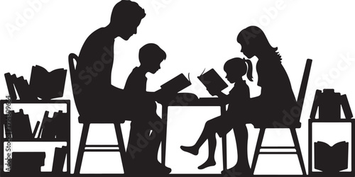 Family reading books together at a table with bookshelves