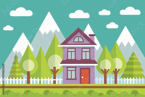 A charming purple house sits peacefully against a backdrop of snowy mountains