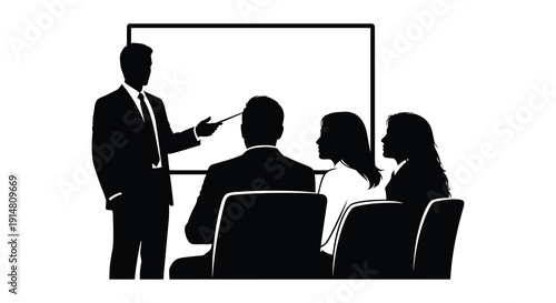A business presentation scene with a speaker and audience depicted in black ideal for design use on transparent background silhouette