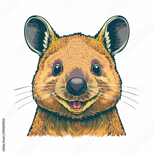 A smiling quokka with big ears and whiskers looks directly forward