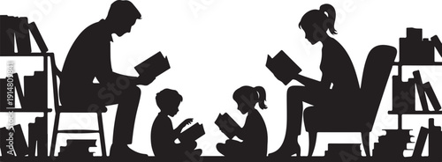 Family reading books together in a library setting