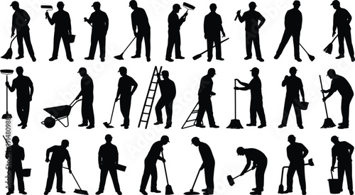 Cleaning worker silhouette set, janitor maintenance staff with tools, construction labor poses, industrial service people outline vector collection