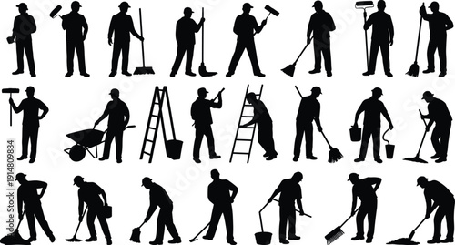 Cleaning worker silhouette collection, janitor maintenance staff with tools poses, construction labor activities, industrial service people, professional outline vector set