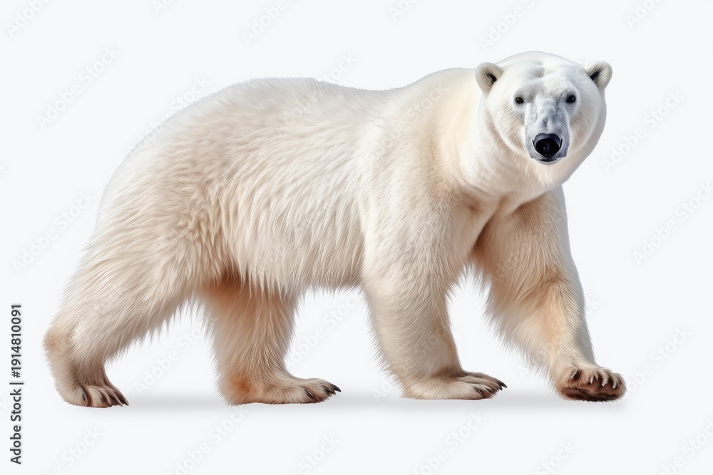 Fototapeta premium Polar bear walking forward looking at the camera on a white background