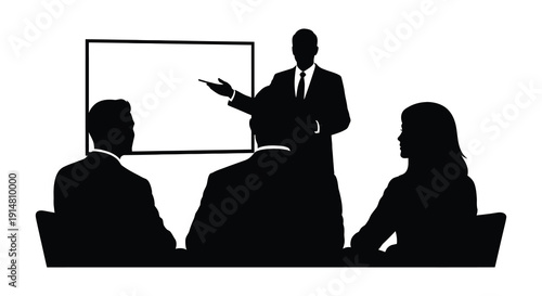 A business presentation with a speaker and audience shown in a dark silhouette on transparent background high quality professional detailed modern