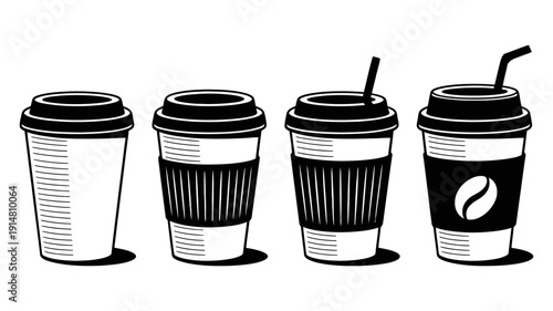 coffee icons linear coffee cup icons with lids in stylized black and white vintage engraving illustration style, ranked titles concept, hierarchy beverage symbols, premium cafe levels for modern brand