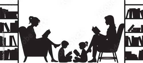 Family reading books together in a library setting