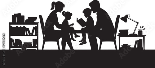 Family reading together in a home library silhouette