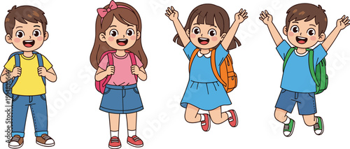 Set of cute cartoon school children wearing backpacks smiling and jumping happily cad drawing flat vector illustration isolated on white