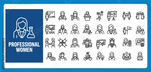 Professional Women Careers and Business Line Icons Set