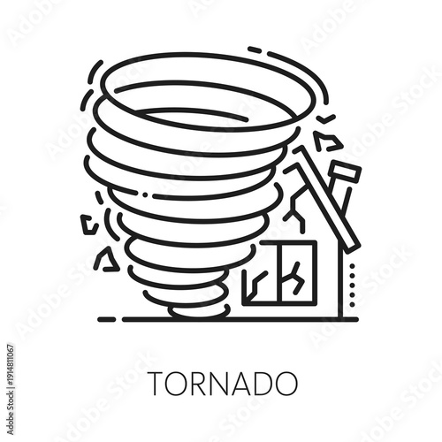 Tornado natural disaster or accident line icon. Environmental disaster outline icon, tornado destruction accident vector pictogram. Natural catastrophe symbol with storm, hurricane wind ruining house