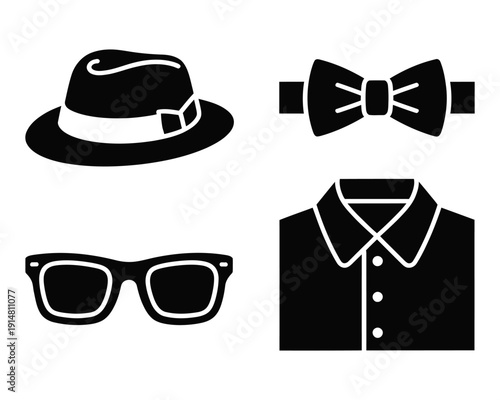 collection of classic gentlemen's fashion accessories silhouettes for vintage style and elegant attire, ranked titles concept, hierarchy luxury symbols, premium refinement levels for modern branding a