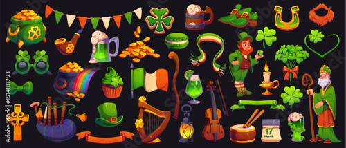 St Patrick day characters, Irish symbols and objects for holiday, cartoon vector. Saint Patrick day symbols of shamrock clover and leprechaun gold coins with rainbow, green ale beer mug and horseshoe