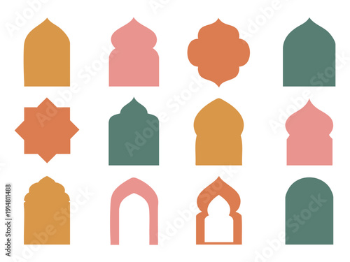 Vector set of twelve isolated Moroccan and Islamic arch shapes in muted terracotta, blush pink, and teal colors, perfect for Ramadan and Eid branding or social media design.
