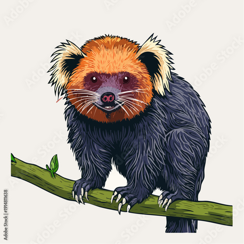 A red panda perched on a branch, looking directly at the viewer, surrounded by lush greenery in a natural forest environment from a frontal viewpoint