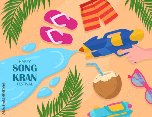Songkran festival elements on beach water gun sprinkle sunglasses coconut drink flip flap
