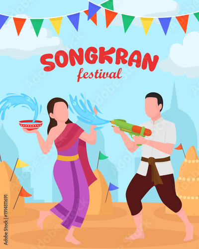 Songkran festival greeting card people sprinkle sand castle themple in background decorations vibrant design