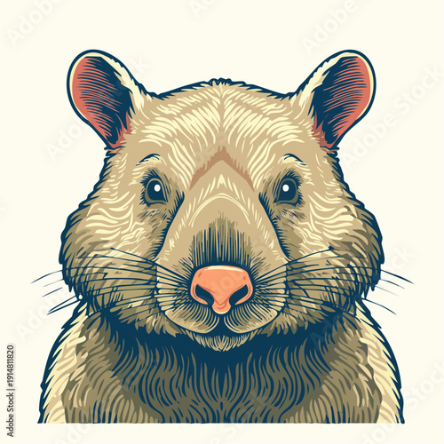 A detailed illustration of a wombat's face with whiskers and ears in a close-up view