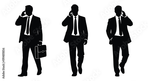 Three businessmen in suits talking on phones with varying poses presented as a dark silhouette on transparent background high quality professional