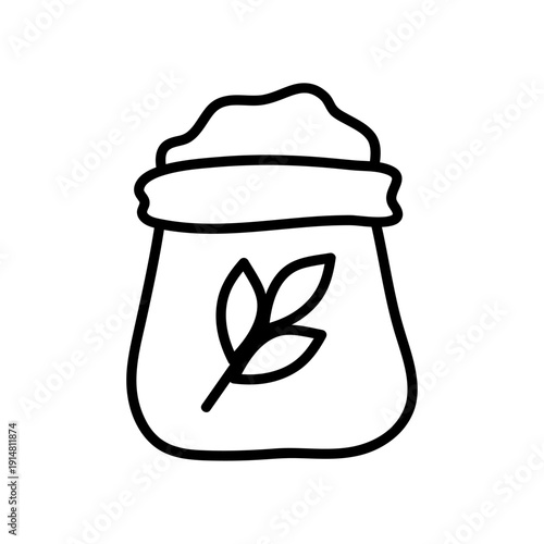 Flour bag icon on white background. Bakery ingredient packaging line art symbol.