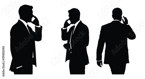 Three businessmen in suits are depicted in various poses talking on phones on transparent background silhouette high quality professional detailed modern