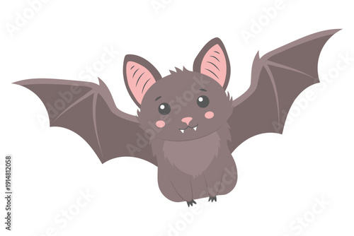 Cute cartoon flying bat with wide wings. Adorable nocturnal animal character, vector illustration