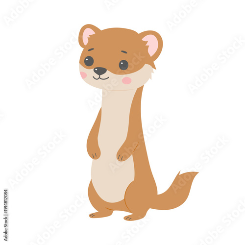 Cute cartoon weasel standing on hind legs. Friendly ferret or stoat character, vector illustration