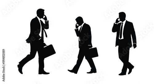 Three businessmen walking and talking on phones depicted in a striking black silhouette on transparent background high quality professional detailed modern
