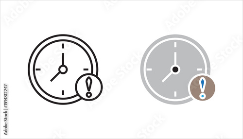 PrintClock icon with exclamation mark symbol in line and flat style variations. Concept of deadline warning, time alert, urgent reminder, schedule notification, and time management. Isolated vector il