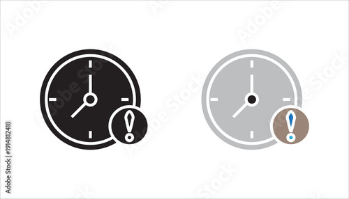 Minimal outline icon of a clock with exclamation mark symbol representing deadline reminder, time alert, urgency notification, and schedule warning. Isolated on white background.