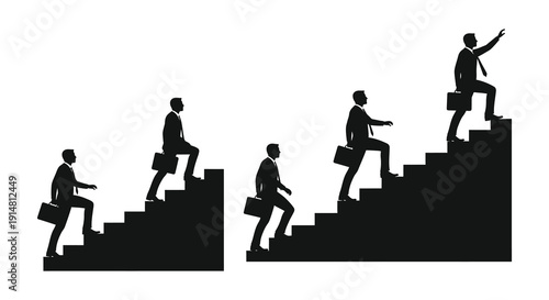 A black silhouette of businessmen ascending a staircase representing career progression on transparent background high quality professional detailed modern elegant stylish